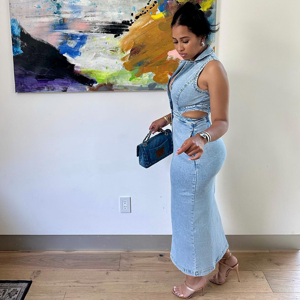 Robe en jean pour femme, sexy, sans manches, à col revers, avec fente et découpes, style mode