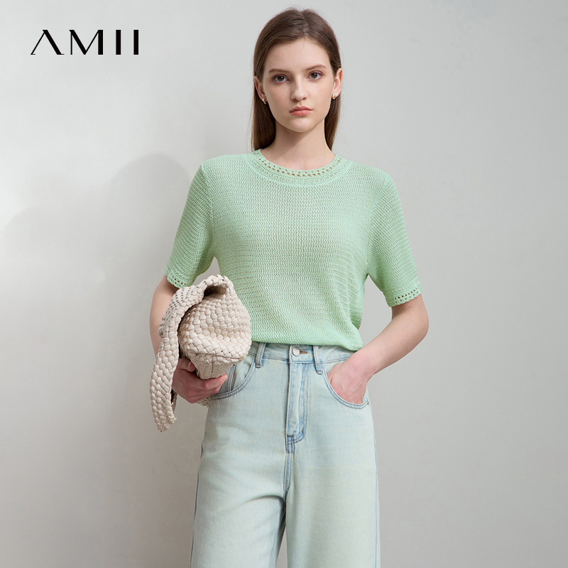 AMII Minimalism Loose Tops Fashion O-Neck Short Sleeve Comfortable Ventilate Green Knitted Sweater Women Clothing 12552106