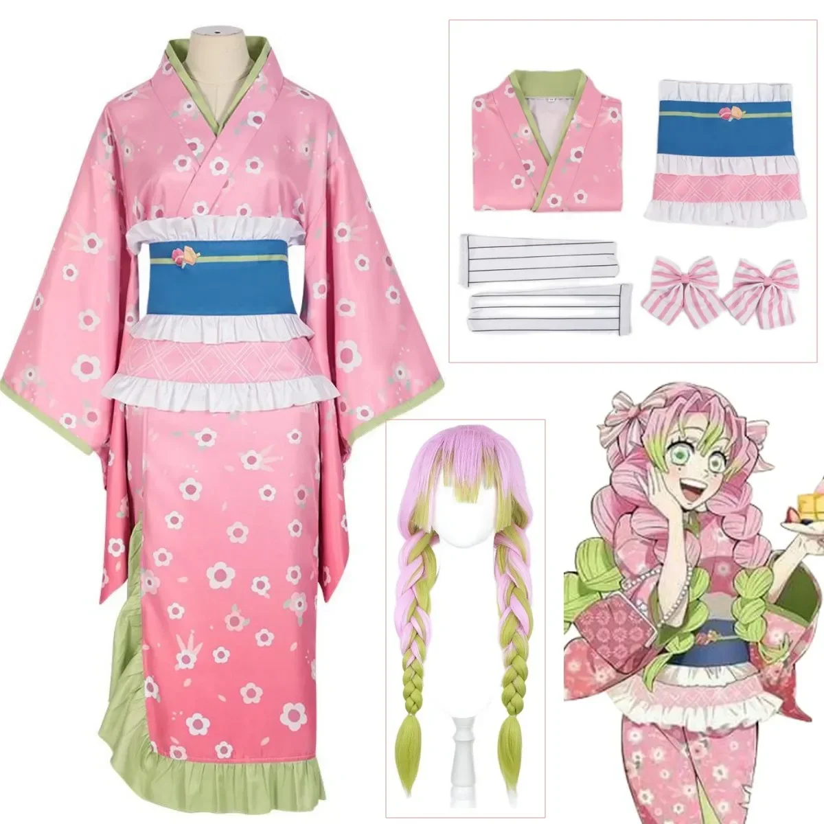 Costume de Cosplay Kanroji Mitsuri, nouvelle mode, robe Kimono rose, tenues de fête de carnaval d'halloween, costumes pour femmes