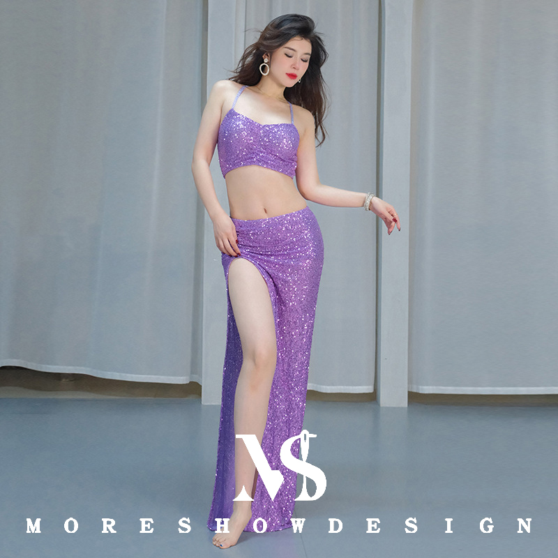 Ensemble de Costumes de danse du ventre pour femmes, vêtements de danse avec ruban de feuille de Lotus, haut + jupe, tenues à manches longues, vêtements de spectacle sur scène