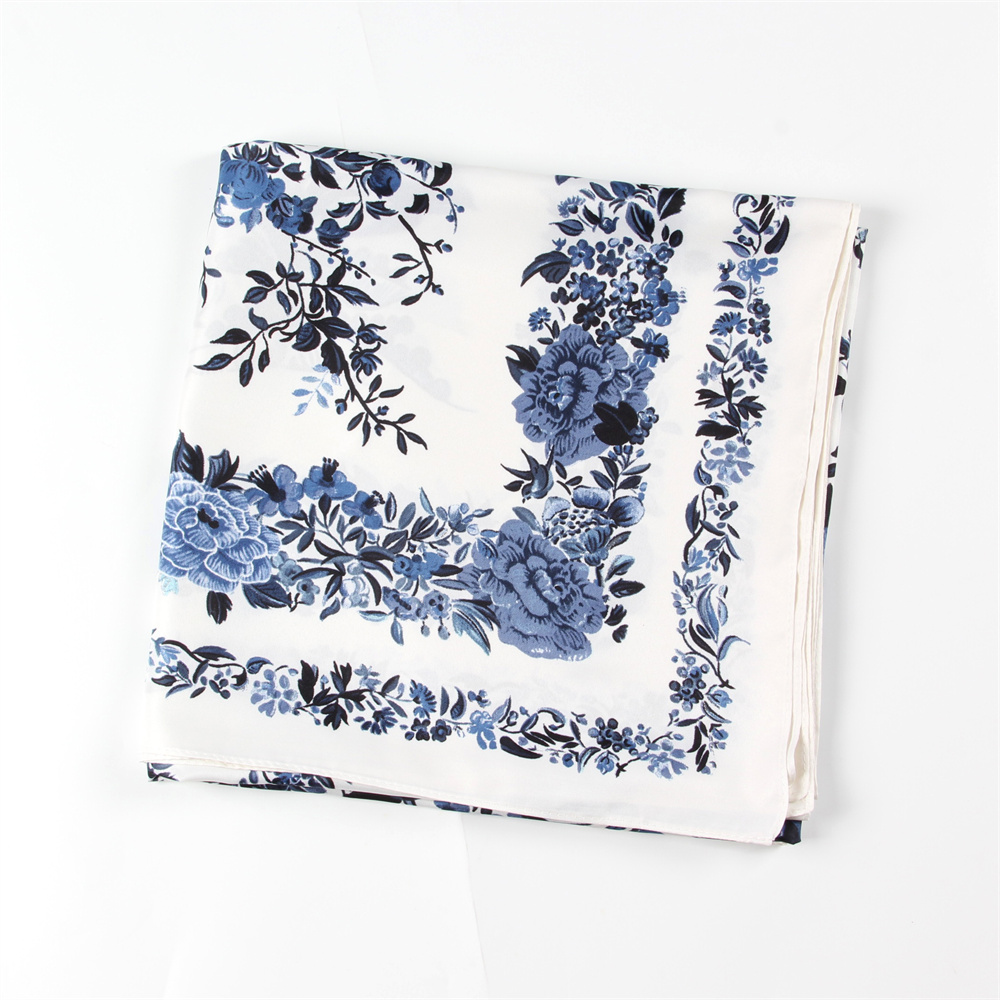 POBING-Foulard Carré de Luxe pour Femme, Grand Châle, Imprimé Arbre et Oiseaux, Bandana, Hijab, 130cm