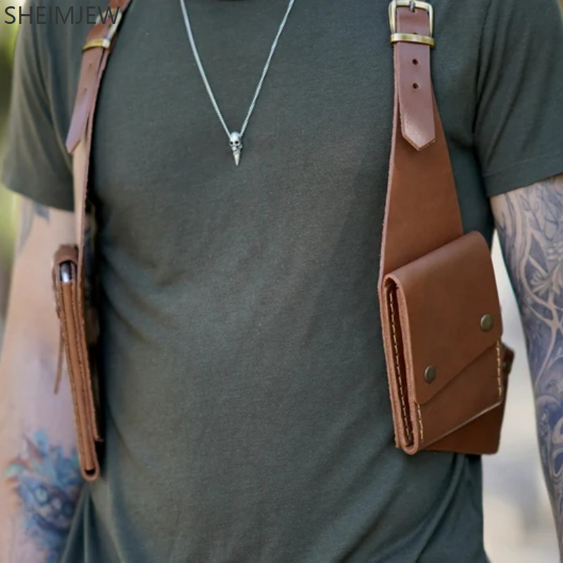 Mode Double bretelles multi-poches hommes en plein air antivol poitrine sac médiéval en cuir multi-fonction sac à bandoulière Walle