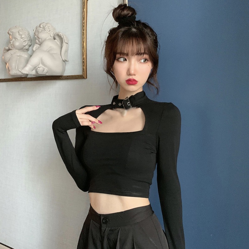 Automne Sexy femmes t-shirt licou boucle cou chemises à manches longues haut court Streetwear basique t-shirt dames t-shirts serrés chemises