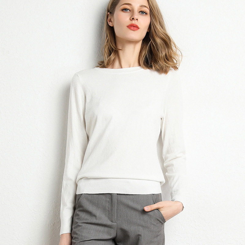 Pull Slim à col rond pour femme, couleur unie, mélange de laine et cachemire, chemise à manches longues en tricot, grande taille, automne et hiver