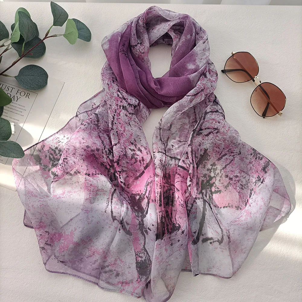 Été arbre de vie en mousseline de soie crème solaire Foulard en soie plage longues écharpes châle femmes léger respirant Georgette Foulard Bandana