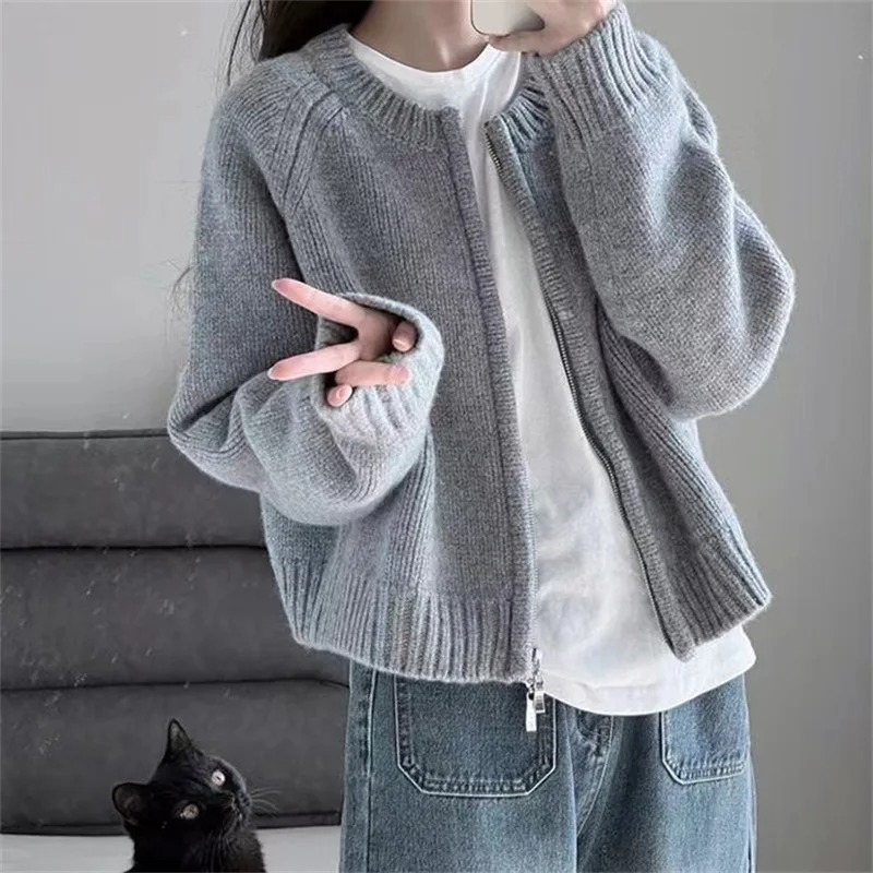 Femmes coréennes pull tricoté automne hiver Chic ample à manches longues Cardigan hauts Simple couleur unie pull veste