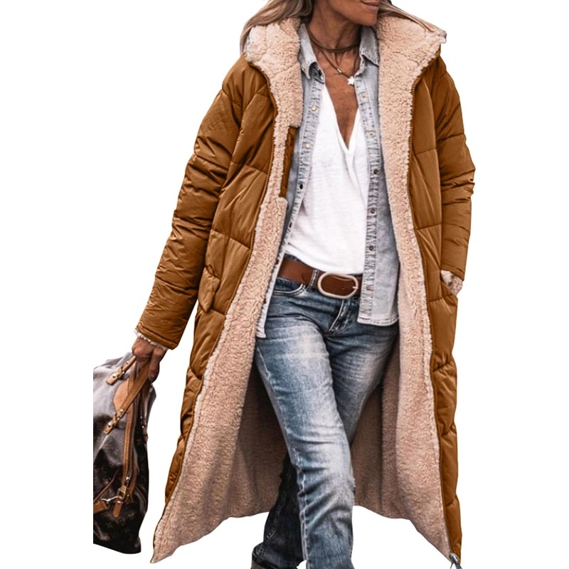 Manteaux d'hiver chauds pour femmes, vestes longues bouffantes à capuche en polaire Sherpa réversible, vêtements d'extérieur, 2023