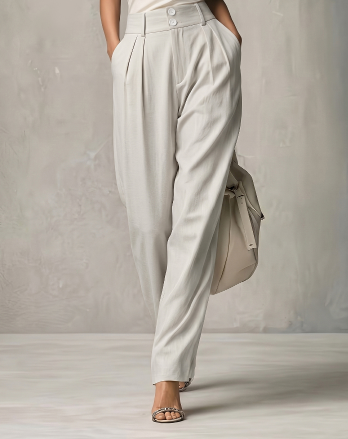 Style polyvalent et simple pour les trajets quotidiens, taille élastique à double bouton, coupe ample, amincissant, fin et élégant, décontracté, pour tous les jours, pour le lieu de travail, intellectuel, couleur unie,