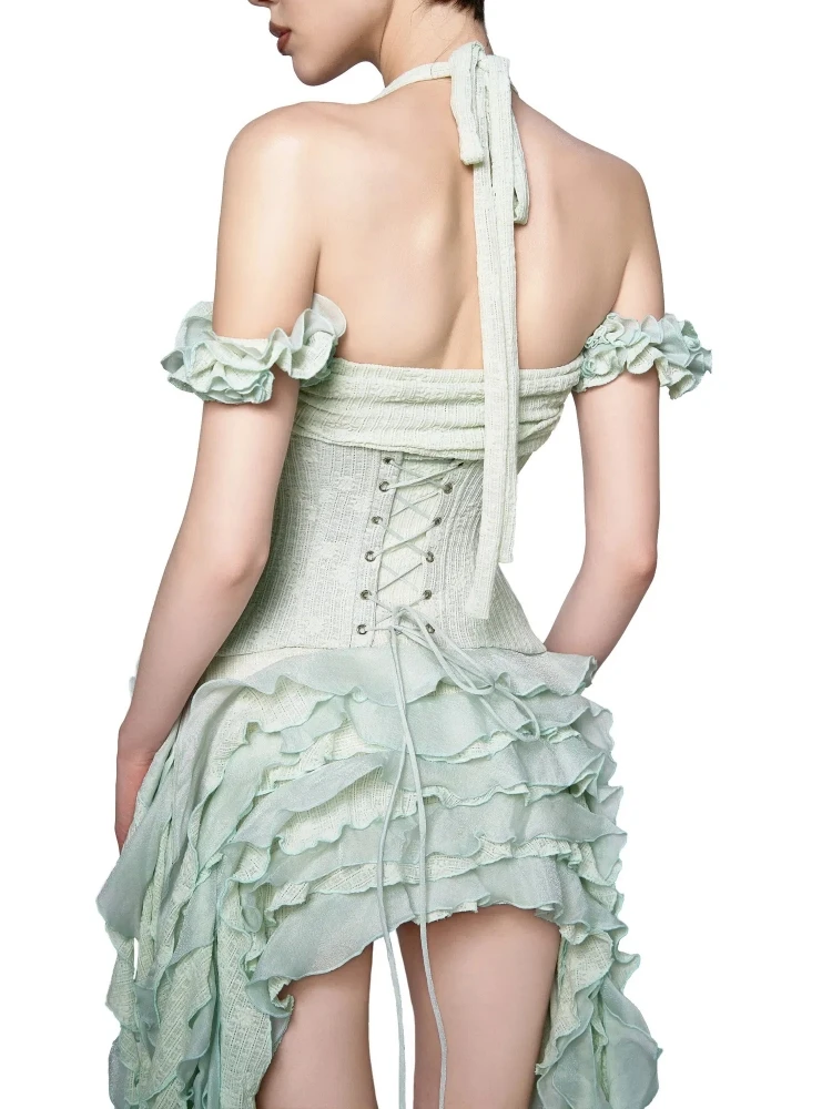Robe drapée à volants pour femmes, ensemble trois pièces, Sexy, col licou, pliable, haut Corset à lacets, short, costumes de fête, Cocktail