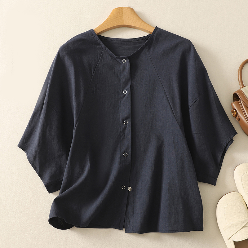 Chemise chauve-souris en coton chemisier femme été nouveau design de mode coréenne sens tempérament élégant ample décontracté col rond cardigan chemise