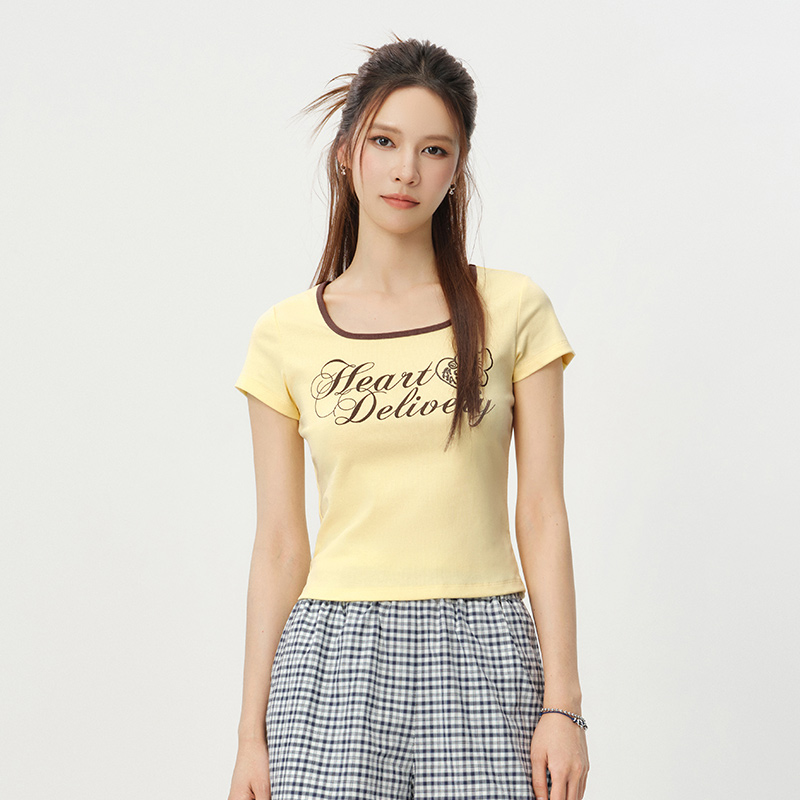 T-shirt Femme Color Block Col Carré Court Décontracté Tendance Été 2026 Chic Confort Quotidien