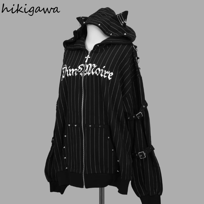 Vestes pour femmes, vestes gothiques, tops Y2K japonais, streetwear, manteaux Harajuku à rayures et rivets, 2026, Ropa Mujer, vêtements d'extérieur à rayures avec capuche à oreilles