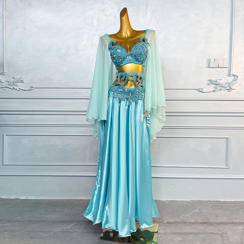 Costume de spectacle de danse du ventre pour femmes, ensemble de luxe élégant en mousseline de soie avec strass, tenue de compétition de danse du ventre orientale pour adultes