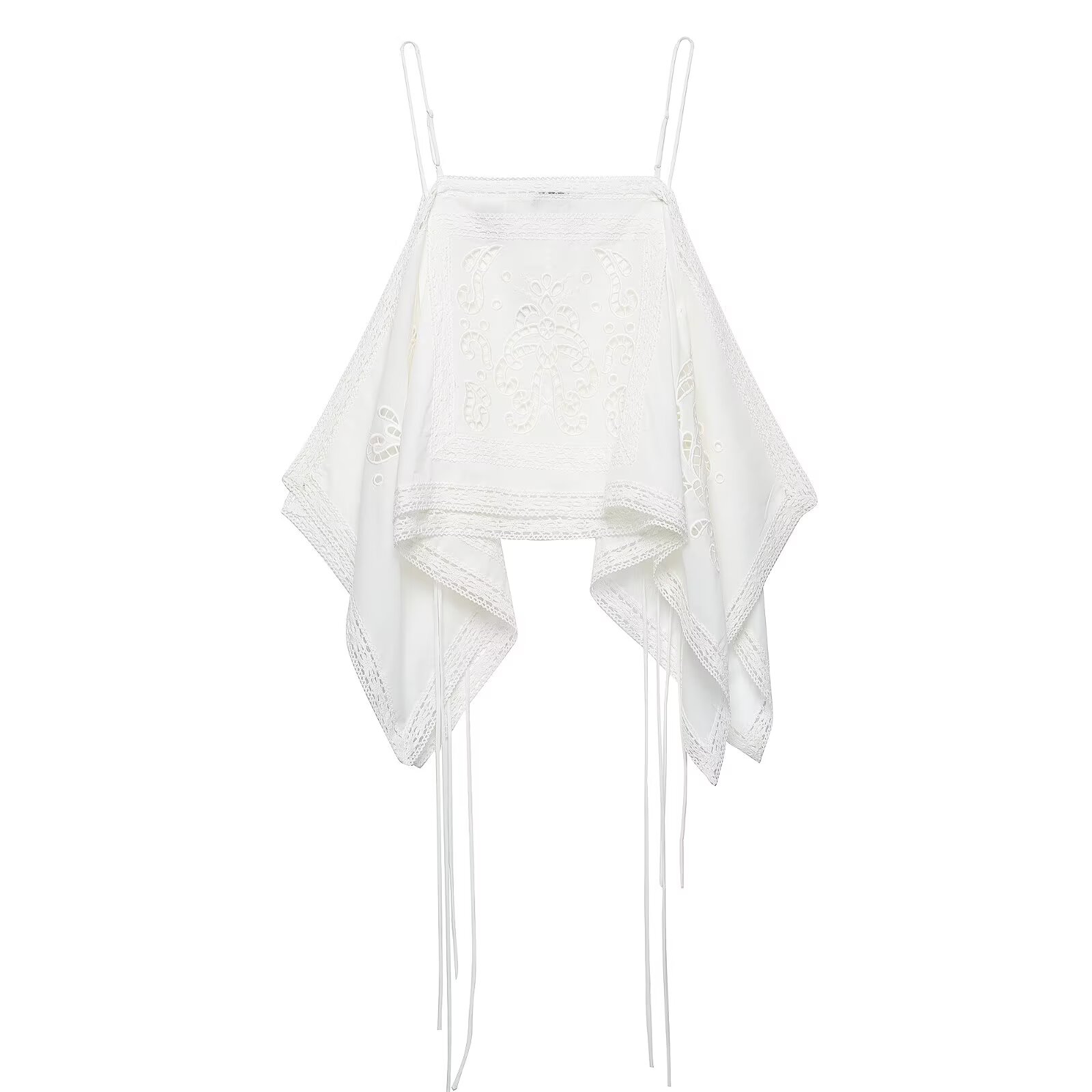 BSAY Top Cami Femme Tendance Blanc Broderie Creuse Style Bohème avec Bordure en Dentelle, Ourlet Asymétrique Effet Mouchoir, Dos Nu à Nouer, Top d'Été à Bretelles