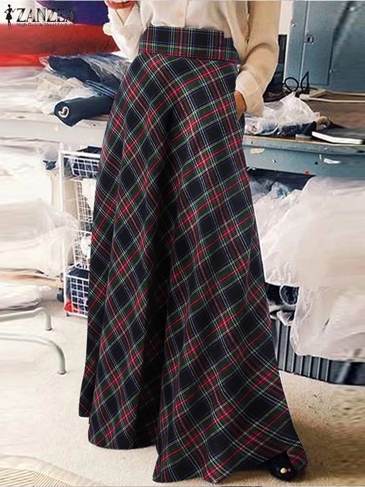 ZANZEA-Jupe longue à carreaux pour femmes, Robe d'été décontractée, Taille haute, A-ligne, Vintage, Maxi, Automne, Mode