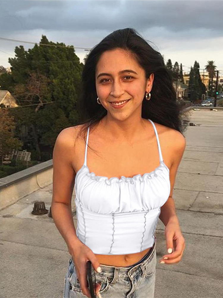 Débardeur Sexy à volants pour femmes, mode dames, sans manches, sans bretelles, froncé, Slim, haut court, Camisole, vêtements féminins, été 2024