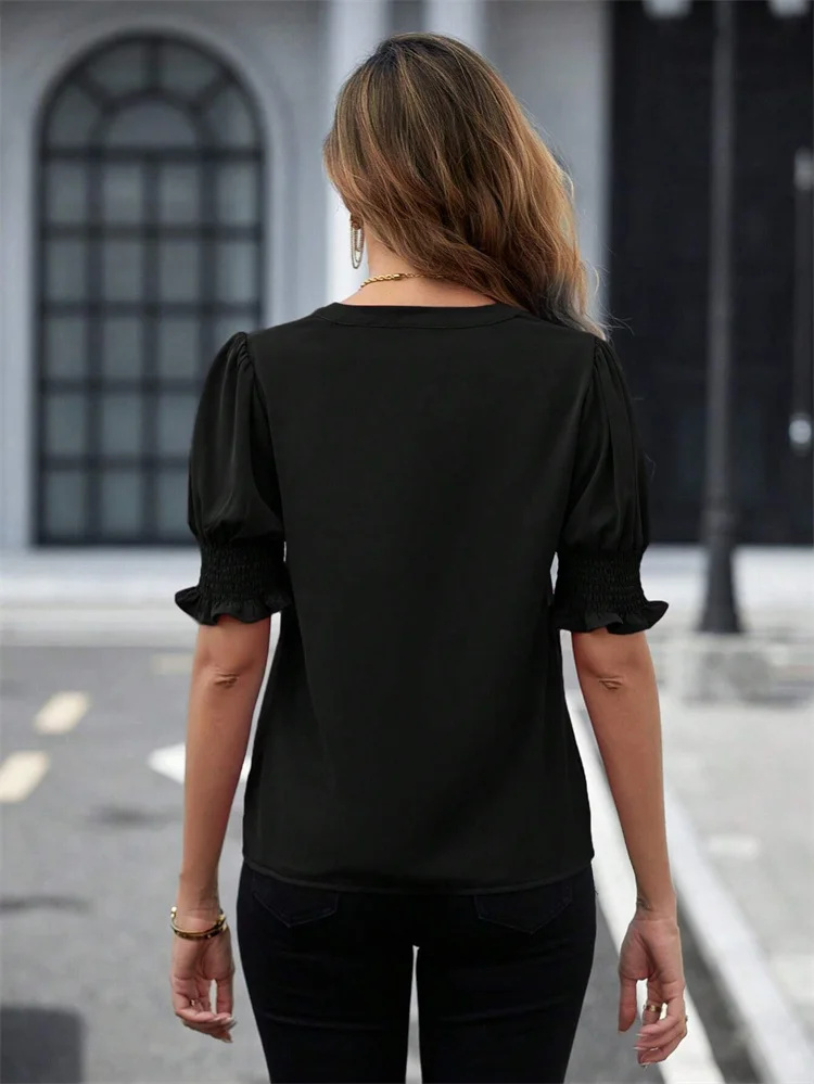 Chemisier à manches courtes bouffantes pour femmes, chemises décontractées pour dames, chemisiers à col en V, chemisier solide pour documents, style d'été