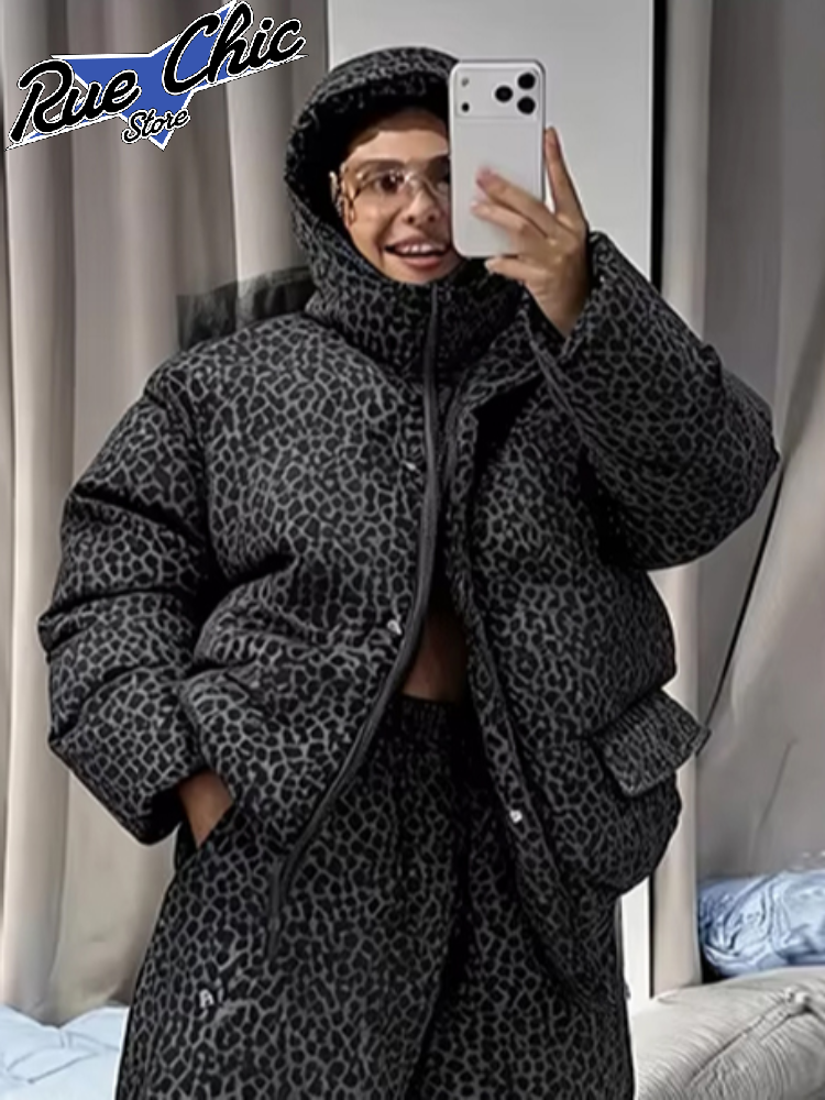Ensemble en deux pièces pour femmes : veste en coton à imprimé léopard, manteau ample à capuche avec fermeture éclair, pantalon long à taille élastique, tenue d’hiver chaude et élégante.