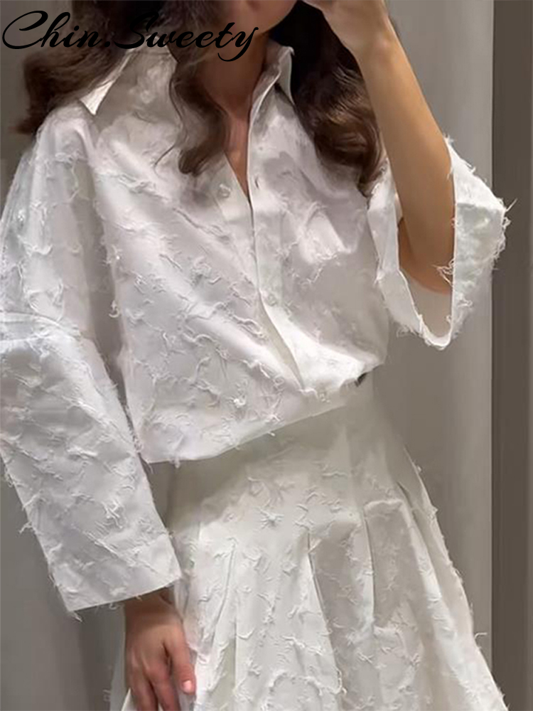 Élégant blanc gland chemise jupe femmes tenue revers à manches longues bouton chemises plissées mi jupes 2025 été 2 pièces dame ensemble