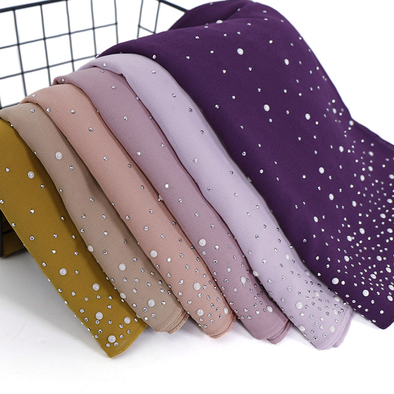 Châles Hijab Instantané en Mousseline de Soie, Perles de Diamant Unies, Optique Solide, Foulard, Bonnet Musulman, 180x70cm, Nouvelle Collection