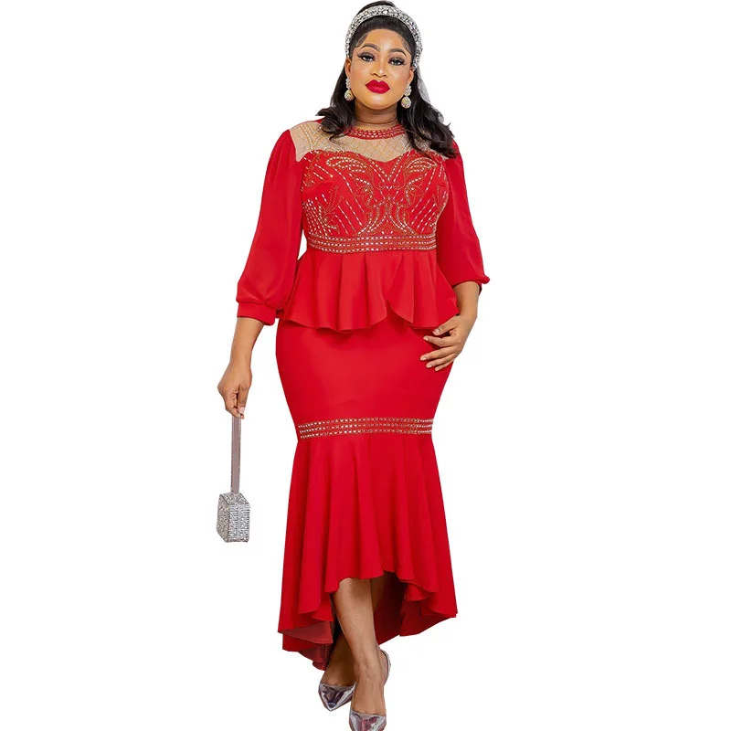 Vêtements de fête de mariage africains personnalisés pour femmes printemps femmes africaines à manches longues Polyester 2 pièces ensembles haut jupe correspondant S