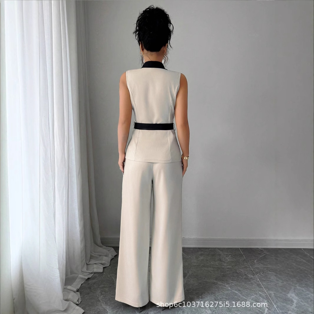 Gilet costume femmes jambe large pantalon gilet 2 pièces ensembles sans manches veste ceinture taille serrée tenues pantalon bureau dame Ensemble