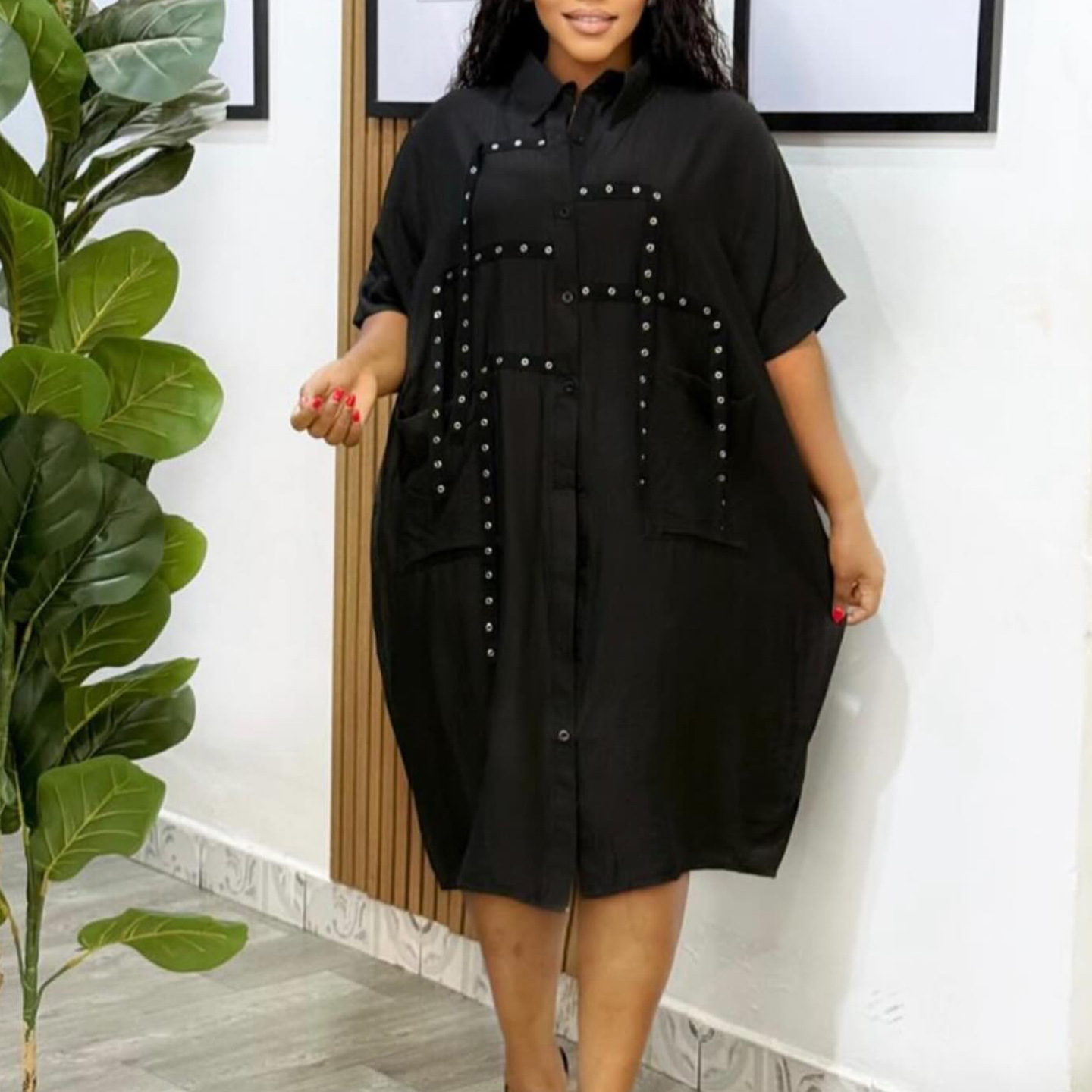 Robe chemise ample mode revers simple boutonnage demi manches grande poche épissé ​ ​ Robes midi pour femmes, chemise de banlieue élégante