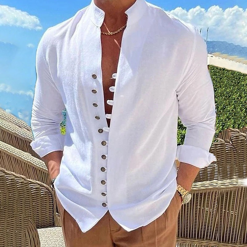 Chemisier d'été en coton et lin pour hommes, chemise ample décontractée à manches longues, couleur unie, cardigan à boutons, col haut, vêtements pour hommes