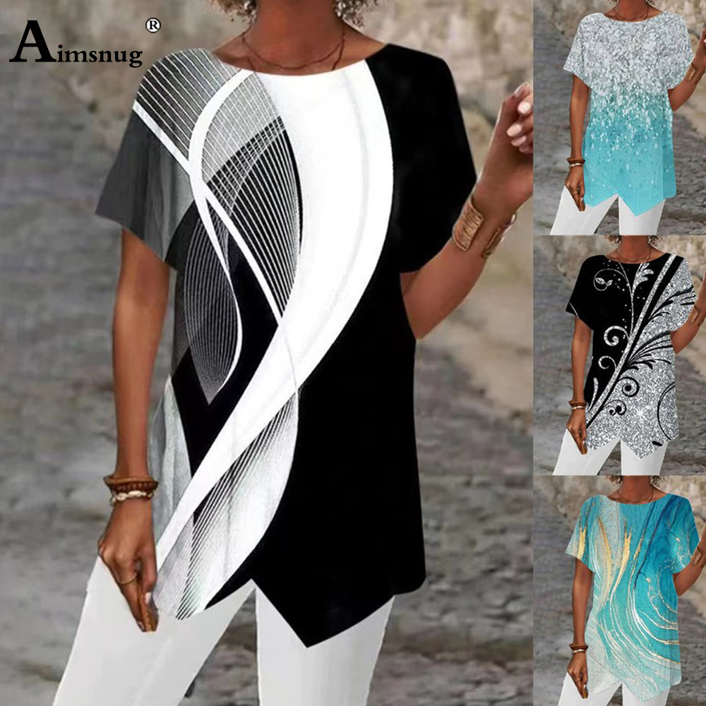 Grand Big 5xl Femmes Décontracté Boho Chemises Modèle 3D Impression T-shirts À Manches Courtes Haut Irrégulier Dames Tunique Chemise Femmes Vêtements 2025