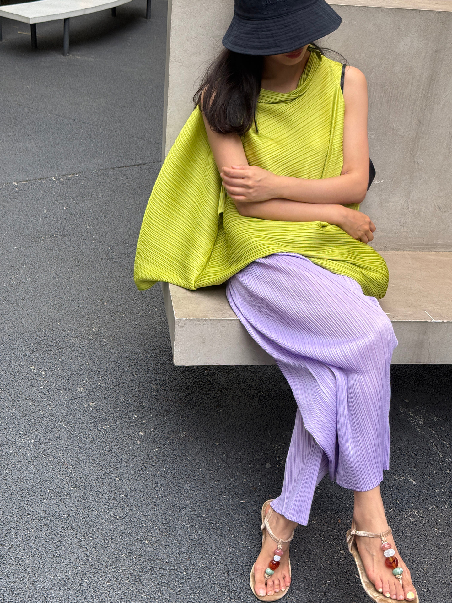 Ensemble jupe plissée et gilet sans manches Miyake pour femme, nouvelle collection été, à rayures horizontales élastiques, coupe ample trapèze
