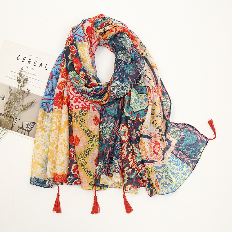 Châle en Viscose avec pompon Floral pour femme, foulard de haute qualité, foulard musulman, Hijab, collection printemps et été