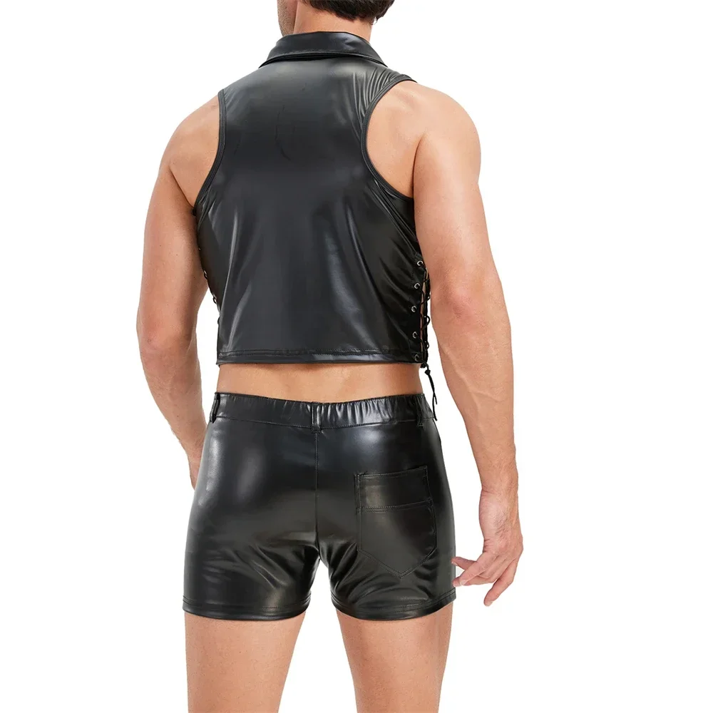 Ensembles de vêtements de mode pour hommes : Débardeurs sans manches en cuir PU, shorts, tenue de club, gilet à lacets et boutons avec découpes latérales et short