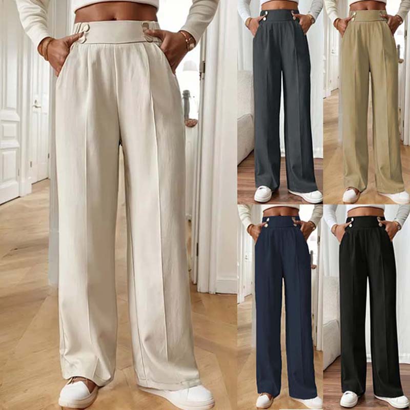 Pantalon taille haute à jambes larges pour femmes, nouveau pantalon fluide au sol, pantalon de salon minimaliste à coupe droite avec taille élastique, 2025