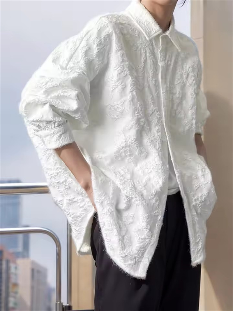 Chemise Jacquard froissée blanche 3XL pour hommes, ample, mode, solide, décontractée, col rabattu, nouveau chemisier à manches longues assorti avec tout