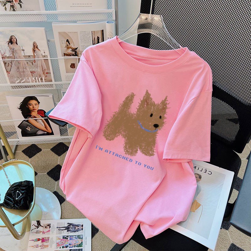 T-shirt style coréen avec motif mignon et amusant, coupe ample, manches courtes, haut blanc pour femme, vêtement décontracté d'été