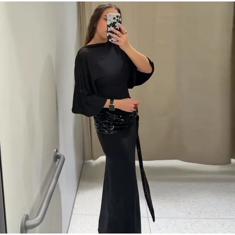 Robe Maxi en Patchwork de paillettes pour femmes, dos nu, élégante, manches larges, longue, nouvelle mode féminine, Robes de soirée quotidiennes