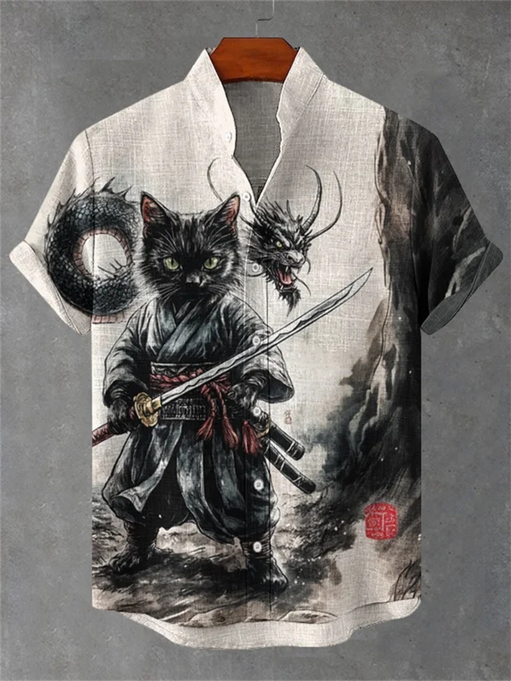 Chemise rétro en lin pour hommes, Kimono imprimé chat noir samouraï, manches courtes, vêtements respirants pour fêtes sociales, nouveau Style 2025