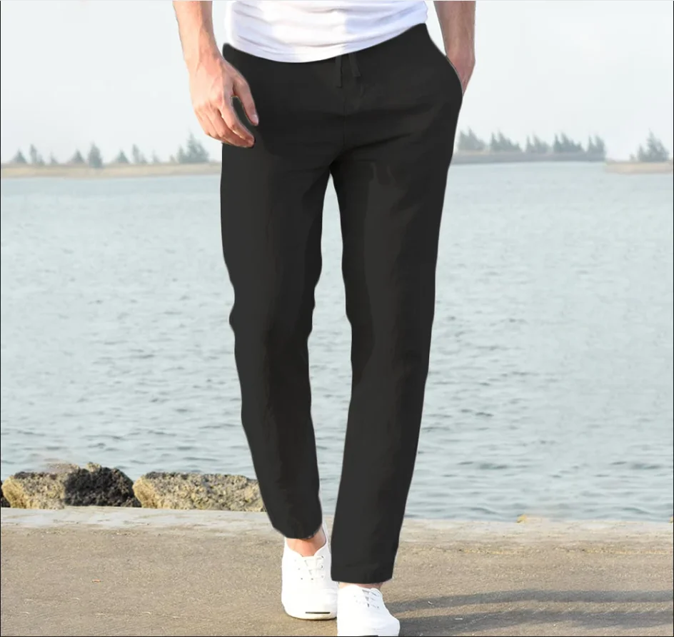 Pantalon de plage en coton et lin pour hommes, respirant, couleur unie, pour vacances, Fitness, Streetwear, printemps, été, automne