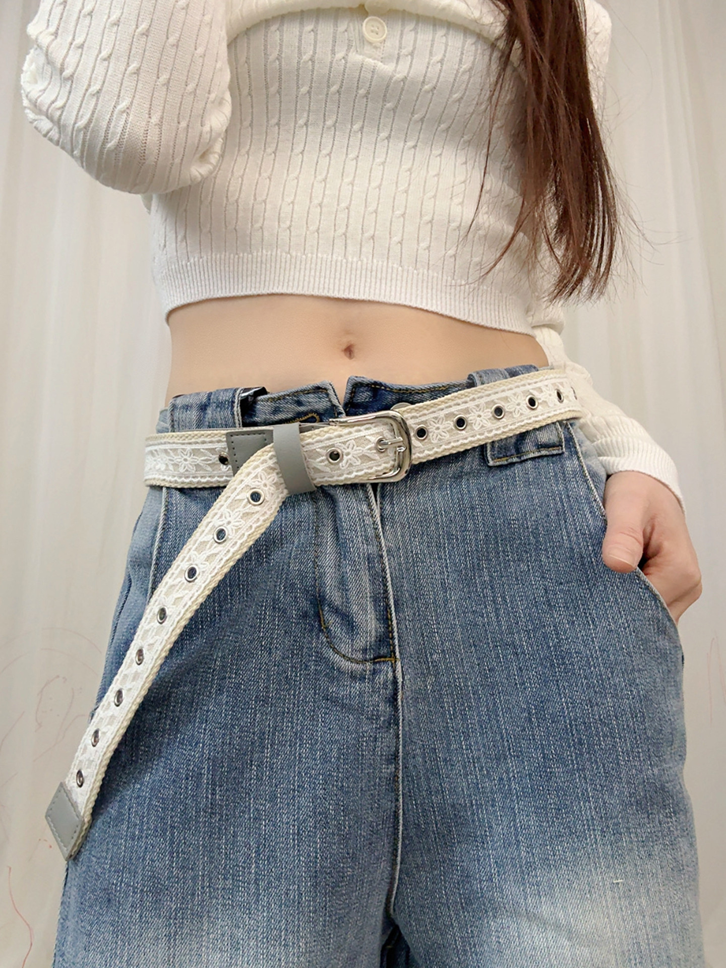 Ceinture en toile vintage avec dentelle pour femme, boucle métallique tendance, ceinture décorative, accessoire rétro pour jean, design coréen à la mode, 110 cm