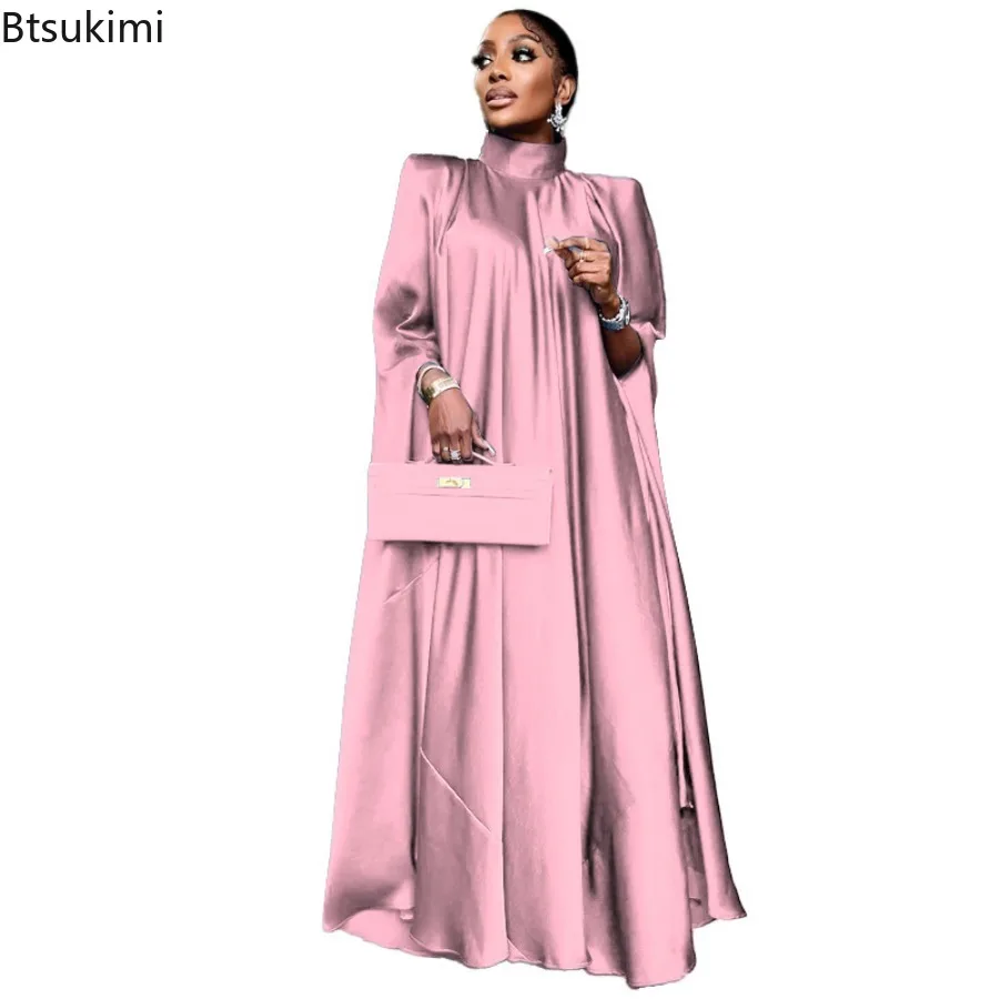 Abaya-Robe de soirée en satin uni pour femmes, robe musulmane de luxe, robe indienne de Dubaï, pull élégant à col haut, robes de soirée