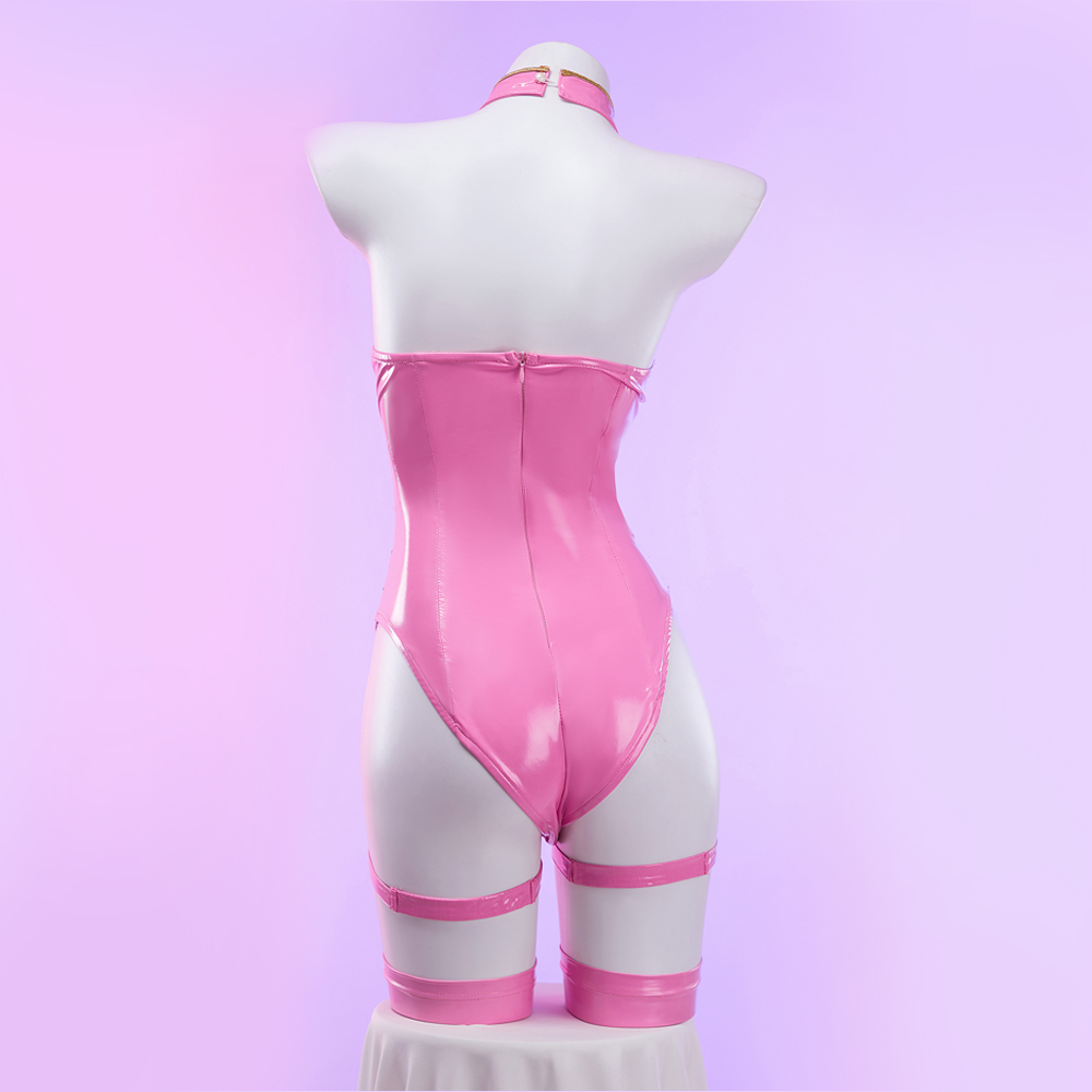 MOBBUNNY-Costume de cosplay dio pour femme, lingerie découpée en forme de cœur, costume de batterie licou avec gants, anneaux de jambe
