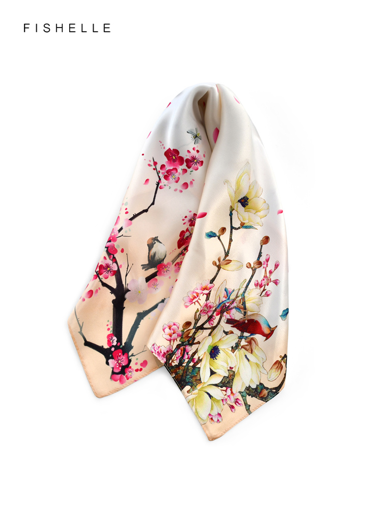 Foulard Carré en Soie Naturelle pour Femme, Petit Mouchoir, Style Chinois, Peinture d'Oiseau et de Fleur