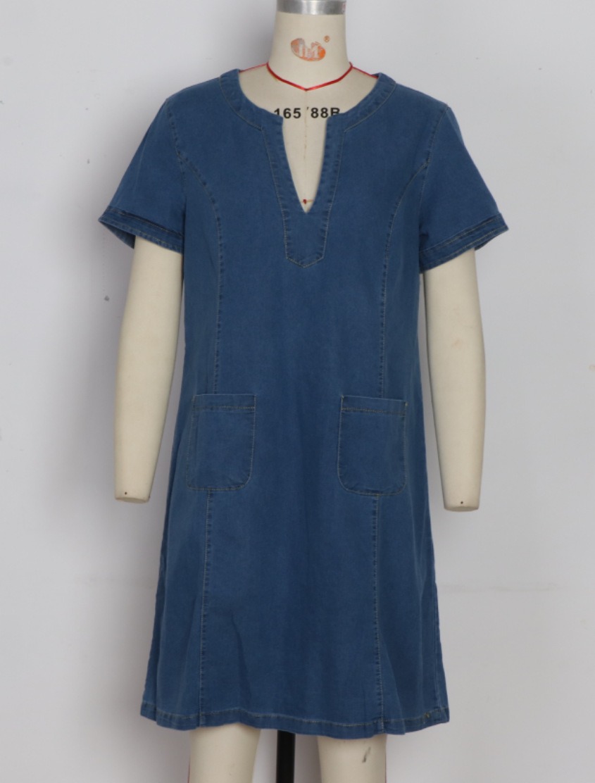 Robe en jean pour femme, style streetwear, col en V, manches courtes, poches, coupe trapèze, vintage, effet usé, lavée, été, LYQ603122