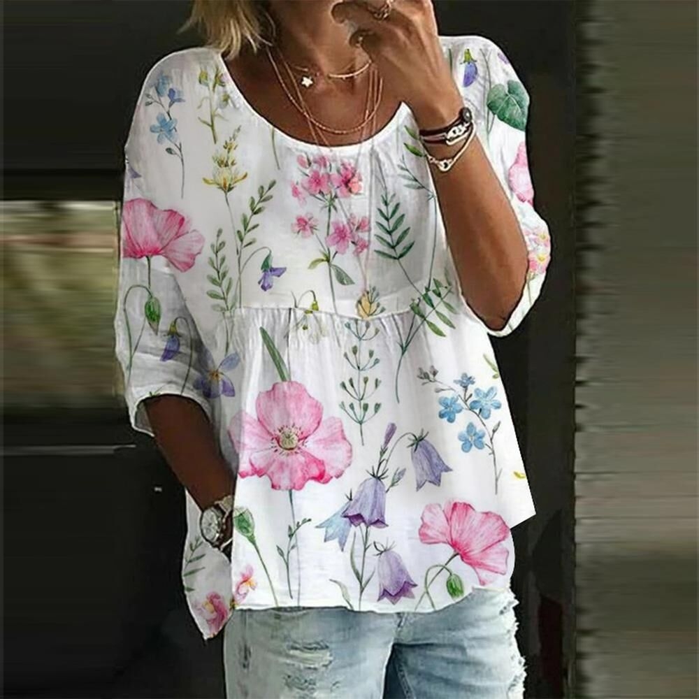 Mode chemise ample femme élégante col rond femme chemise imprimé décontracté femme chemise vacances week-end haut