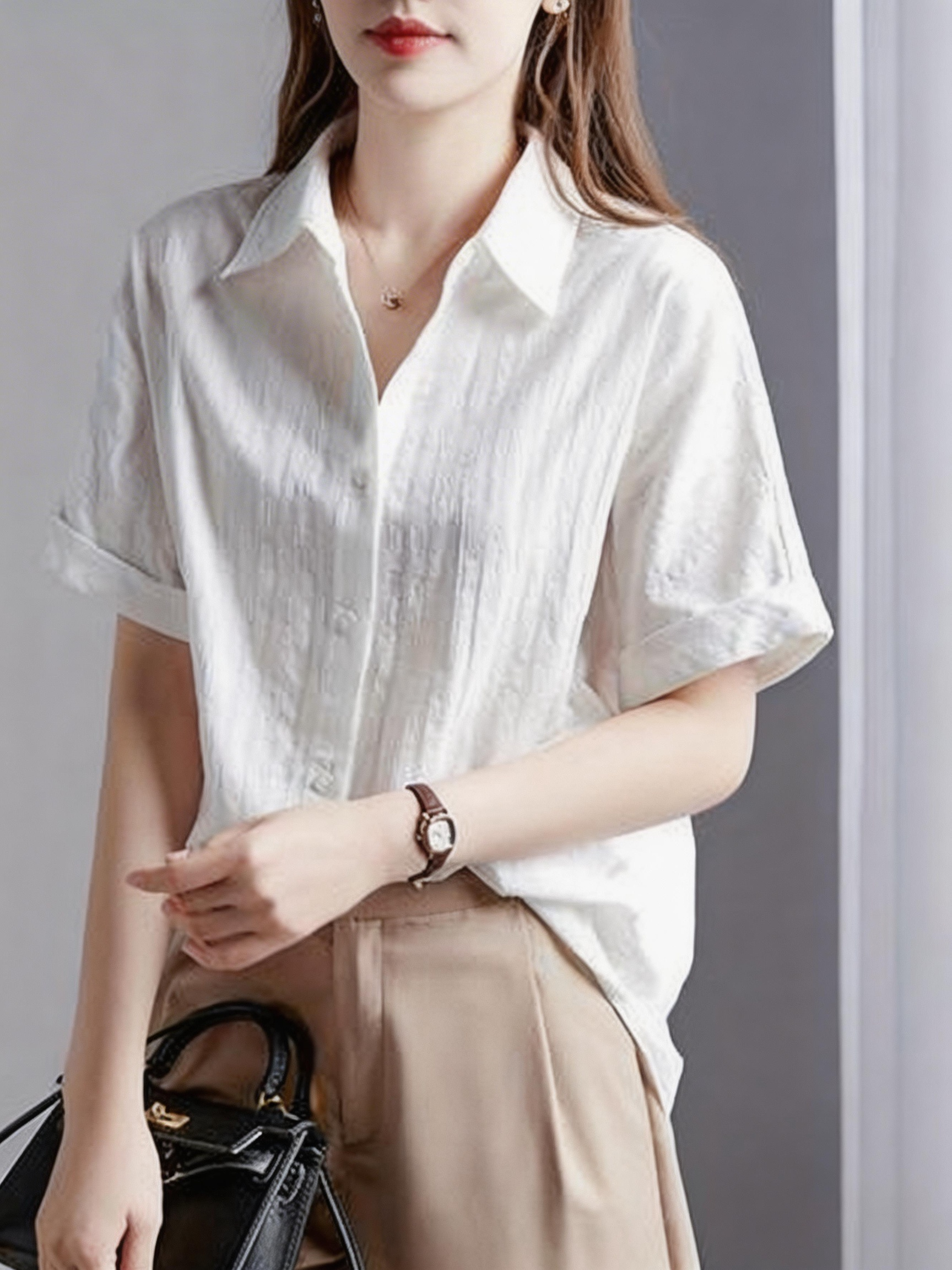 Chemise blanche décontractée pour femmes, chemisier à manches courtes et col en V, vêtements de travail de bureau, chemisier texturé respirant