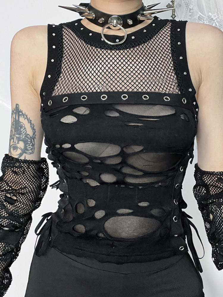 Débardeur gothique dos nu en résille pour femme, débardeur, camisole, t-shirt, sexy, steampunk, glawlwear, rave party