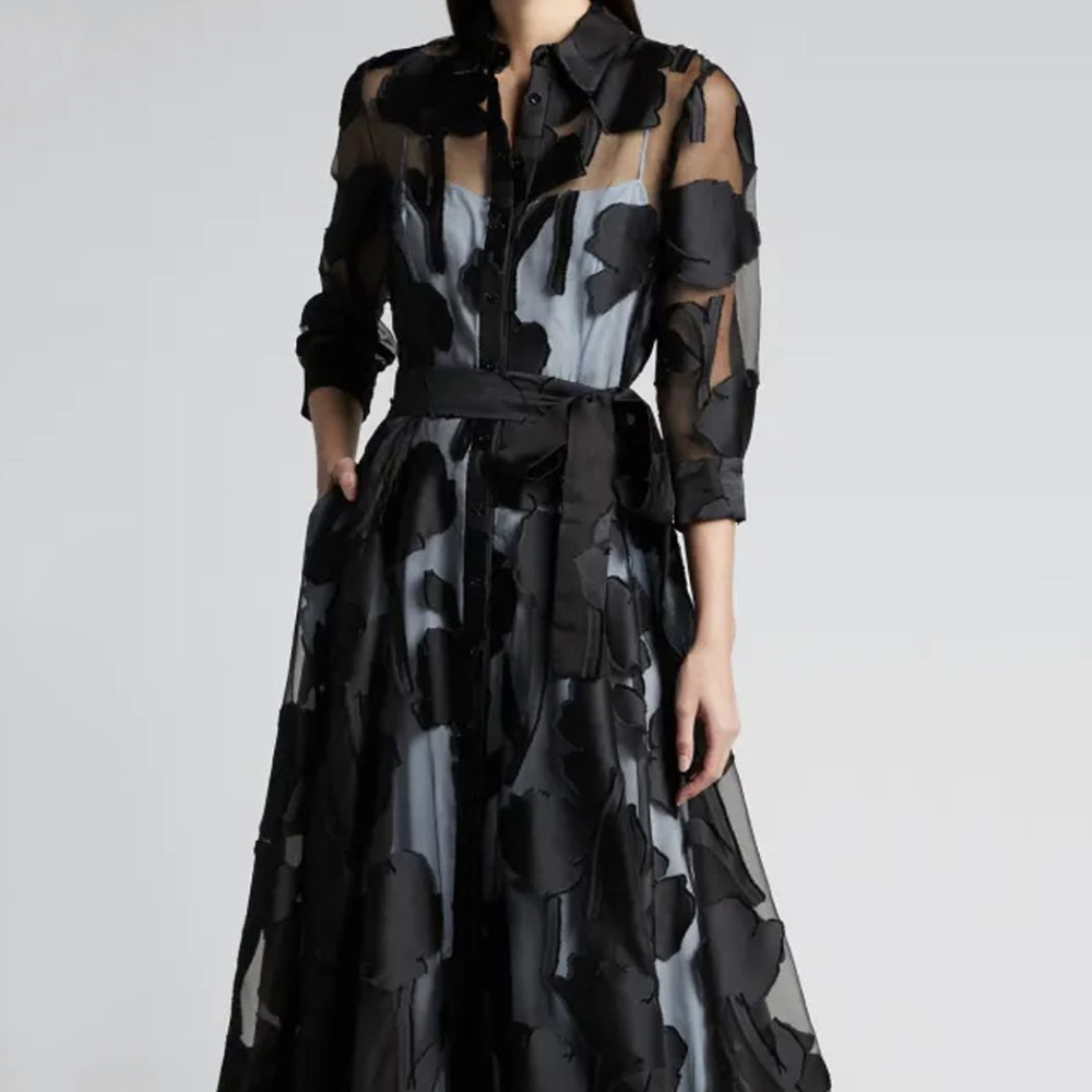 Robe longue en maille jacquard pour femmes, noire, transparente, à revers, manches longues, à lacets, pour club, soirée, sexy, à taille nouée, robes d'été