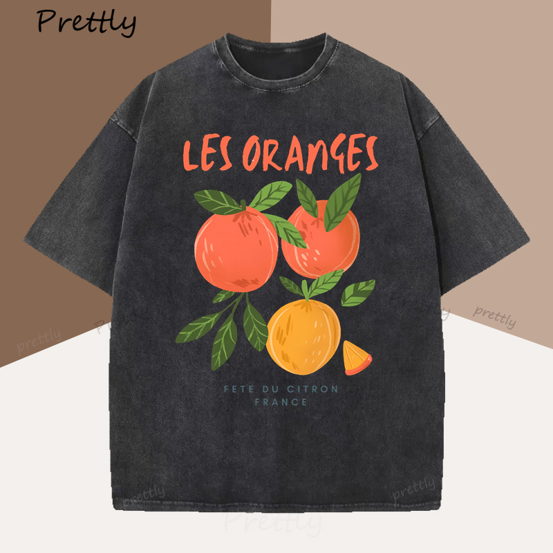 T-shirt fruits Orange France T-shirt femme coton manches courtes graphique T-shirt Vintage col rond T-shirt vêtements de rue
