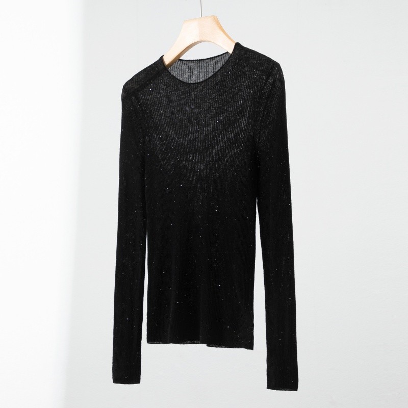 Pull à couche de base tricotée à col mi-haut et paillettes en laine mérinos 100 % super fine pour femme, pull fin ajusté, élégant et tendance pour les déplacements domicile-travail