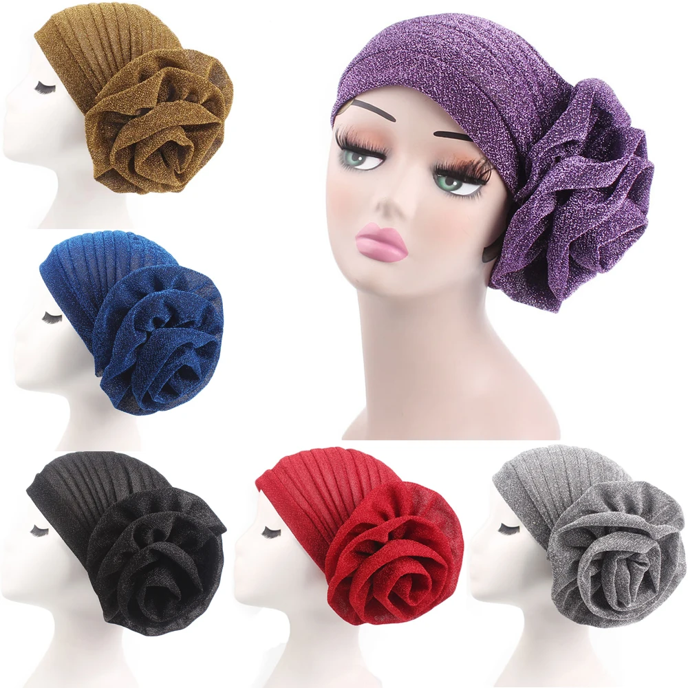 Femmes musulmanes grande fleur Turban chapeau plissé paillettes bonnets miroitant Bonnet perte de cheveux foulard africain chapeaux chimio casquette Skullie